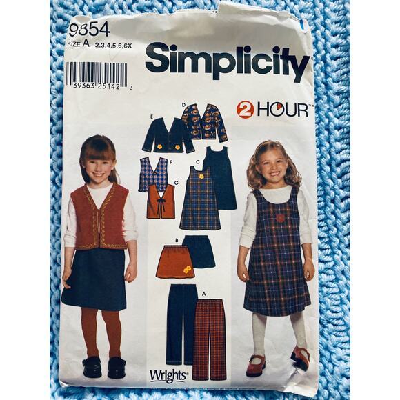 Simplicity 9854 pattern girls jumper top skirt pant size 2 3 4 5 6 6x - Picture 1 of 5